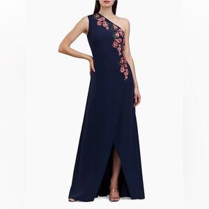 Kay Unger Nadine Embroidered Floral Crepe‎ One-Shoulder Gown Navy Blue Size 6